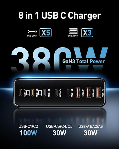 380W USB C Charger Block with 4 USB Cables Dual 100W Charging Station | 8-Port USB C Charging Station Laptop Charger Fast Type C Charging Block for MacBook Pro, Dell XPS, iPhone, iPad, Tablet