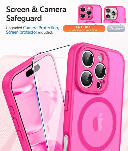 FNTCASE for iPhone 16 Pro Case: [Compatible with Magsafe] Translucent Matte Magnetic Phone Cover - Military Grade Drop Protection Shockproof Protective Cases - Hot Pink