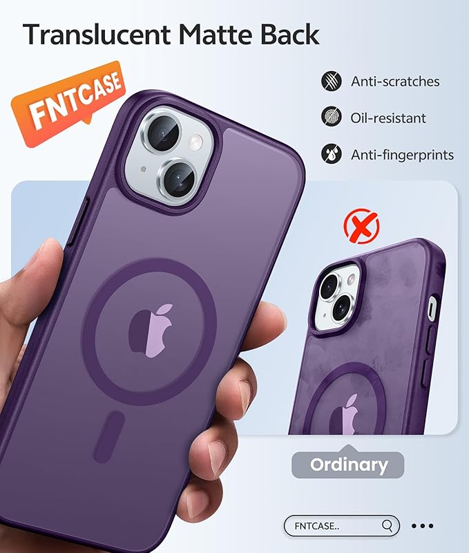 FNTCASE for iPhone 15 Case: for iPhone 14 Case & iPhone 13 Case [Compatible with Magsafe] Translucent Matte Cases with [Screen Protector] Military Grade Shockproof Protective Phone Cover - Purple