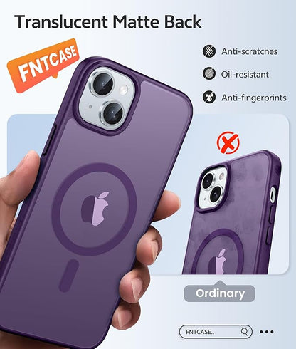 FNTCASE for iPhone 15 Case: for iPhone 14 Case & iPhone 13 Case [Compatible with Magsafe] Translucent Matte Cases with [Screen Protector] Military Grade Shockproof Protective Phone Cover - Purple