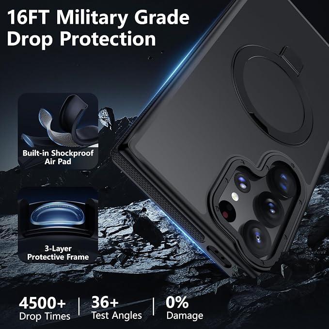 for Samsung Galaxy S24 Ultra Case, Magnetic Adjustable Ring Stand [Fit for Magsafe], [Military-Grade Shockproof Protection] Phone Case for S24 Ultra Case with Kickstand&Ring Holder (Black)