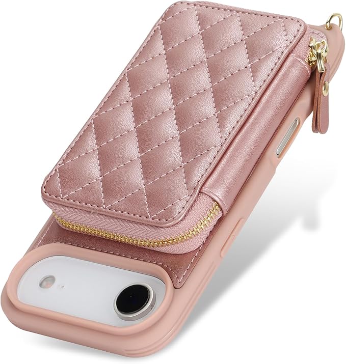 Crossbody Wallet Case for iPhone Air, PU Leather Zipper Handbag Purse Flip Cover, Kickstand Folio Case with Card Slots Holder Wrist Strap Lanyard 5G 6.5 Inch-Rose Gold