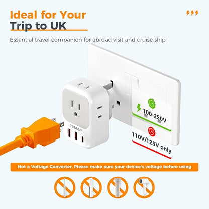 TESSAN UK Adapters for Travel, US to UK Ireland Plug Adapter 20W, Foldable | Power Adaptor, 4 Outlets 3 USB(PD 20W 1 USB C), Type G for USA to Scotland London England Hongkong Dubai Irish