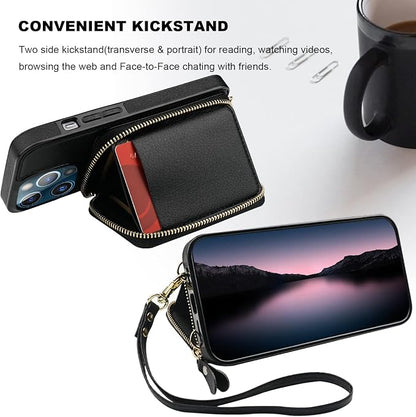 Bocasal RFID Blocking Wallet Case for iPhone 13 Pro, Adjustable Crossbody Zipper Purse Case Card Holder with Kickstand Detachable Wrist Strap, PU Leather Flip Folio Case 6.1 Inch 5G (Black)