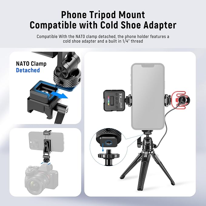NEEWER Metal Phone Tripod Mount with Cold Shoe NATO Clamp Compatible with DJI RS5 RS4 RS3 Pro RS2 RSC2 Gimbal Stabilizer, 180° Tilt Phone Clip Holder Compatible with iPhone 15 Pro Camera Cage, GA010