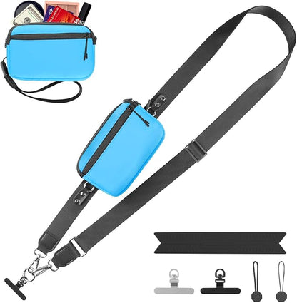 YFWE Clip and Go Strap for Phone with Wallet Crossbody, Adjustable Phone Lanyard with Detachable RFID Wristlet Wallet & Ultra-Thin 360° Rotatable Metal Tabs for All Smartphones (Blue)
