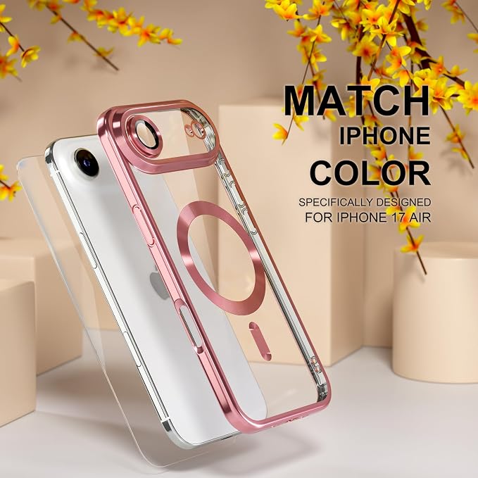 Misea Magnetic for iPhone 17 Air Case Compatible with MagSafe [Never Yellowing] [Military Grade Drop Protection] Full Camera Lens Protector Plating Soft Clear Phone Case for Women, Pink