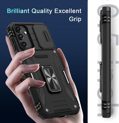 DEERLAMN Case for Samsung Galaxy A16 5G with Slide Camera Cover+Screen Protector (1 Pack), Rotated Ring Kickstand Military Grade Shockproof Protective Cover-Black