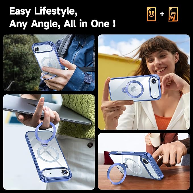 [Tri-Shield Protection] for iPhone Air Case with 360° Spin Stand Compatible with MagSafe [Magnetic CD Ring] [Screen & Camera Lens Protector] Shockproof Plating Never-Yellowing, Blue-6.5"