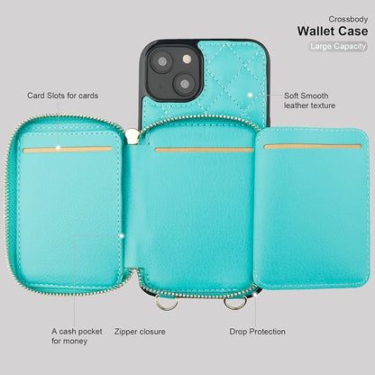 Bocasal Crossbody Wallet Case for iPhone 14, RFID Blocking PU Leather Zipper Handbag Purse Flip Cover, Kickstand Folio Case with Card Slots Holder Wrist Strap Lanyard 5G 6.1 Inch (Mint Green)