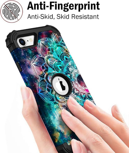 Hocase for iPhone SE 2022/2020 Case, Heavy Duty Shockproof Protection Hard Plastic+Silicone Rubber Hybrid Protective Case for iPhone SE 3rd/2nd Generation (4.7") - Mandala in Galaxy