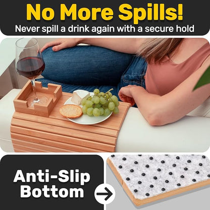 FUN FOREST Bamboo Couch Cup Holder Tray - Non-Slip Furniture Protector, Sofa Armrest Table for Mugs & Tumblers – Weighted 16” Large Natural Bamboo Drink Caddy for Recliners and Loveseats