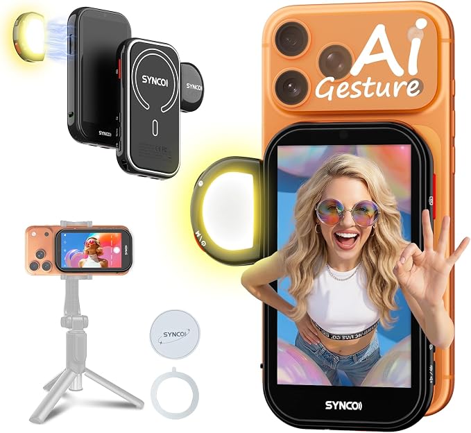 SYNCO XView Selfie Monitor Screen for iPhone 7-17 Series, AI Gesture Wireless & Private Back Camera Monitor with 164FT Range, Magnetic 4K/1080p Rear Camera Vlog Screen for TikTok, YouTube(Black)