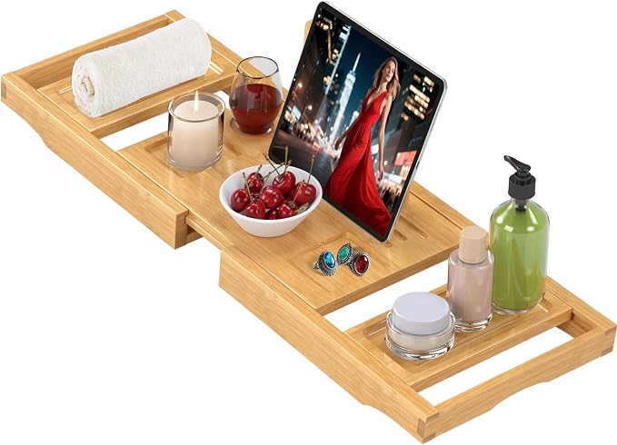 Bathtub Tray Caddy,Premium Bamboo Expandable Bath Tub Trays Table, Foldable Bathroom Accessories,Great House Warming, Anniversary and Birthday Gifts,Natural