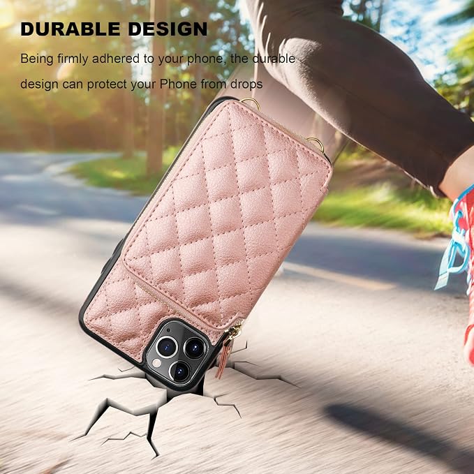 Bocasal Crossbody Wallet Case for iPhone 11 Pro Max, RFID Blocking PU Leather Zipper Handbag Purse Flip Cover, Kickstand Folio Case with Card Slots Holder Wrist Strap Lanyard 6.5 Inch (Rose Gold)
