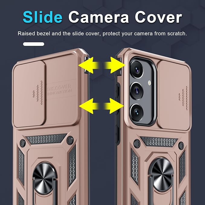 Janmitta Compatible with Samsung Galaxy S25 Plus/S24 Plus Case Built in Slide Camera Lens Cover+Screen Protector+Finger Ring Holder Kickstand,Heavy Duty Shockproof Full Body Phone Cover,Rose Gold
