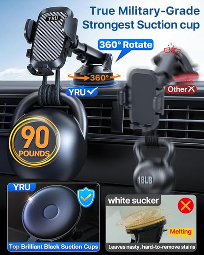 YRU True Military-Grade [360° Rotation Suction] 2026 Ultimate Car Phone Holder Mount【90+LBS Safest Strongest & Patent Certs】Dashboard Windshield Vent for iPhone 17 16 Pro Max Video Dash Mounting Kits