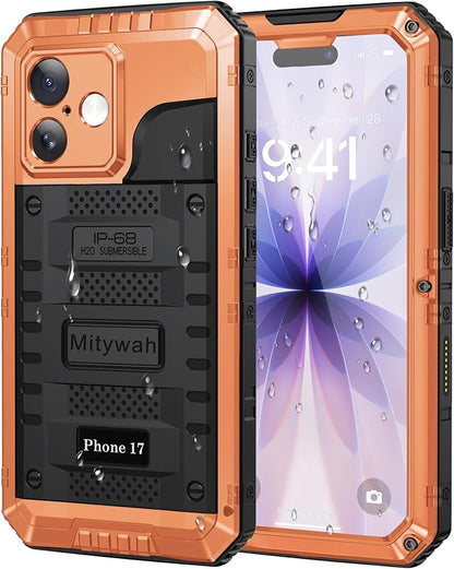 Mitywah Waterproof Case for iPhone 17, Rugged Metal Case with Built-in Screen Protector, Heavy Duty Full Body Shockproof Protective Cover 6.3 inch, Orange
