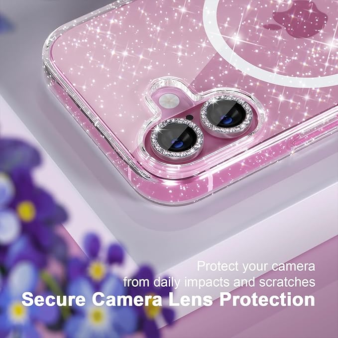 Choiche for iPhone 16 Case Magnetic, Women Clear Glitter Bling Sparkly Case, [2xDiamond Camera Lens Protectors] [2xTempered Glass Screen Protectors] [Compatible MagSafe] 6.1" (Glitter Clear)