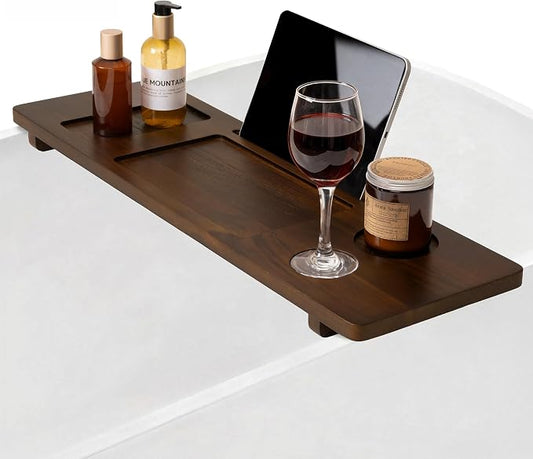 Teak Bathtub Tray - Wood Bath Caddy Tray 29" for Small Tubs - Adjustable Bathtub Table Trays - Luxury Shower Organizer for Home Spa Relaxation and Reading - Dark Walnut Color