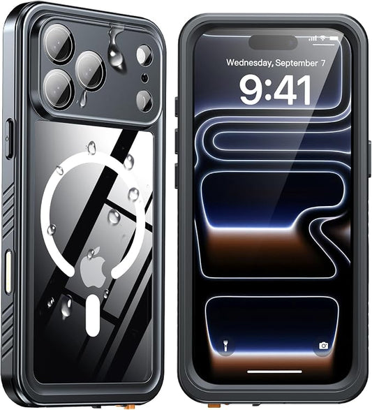 ANTSHARE for iPhone 17 Pro Max Case, Compatible with Magsafe, IP68 Waterproof Case, [Built-in Screen Protector] - 12 FT Military Dropproof - Full Body Heavy Duty Rugged Phone Cover - Black/Clear
