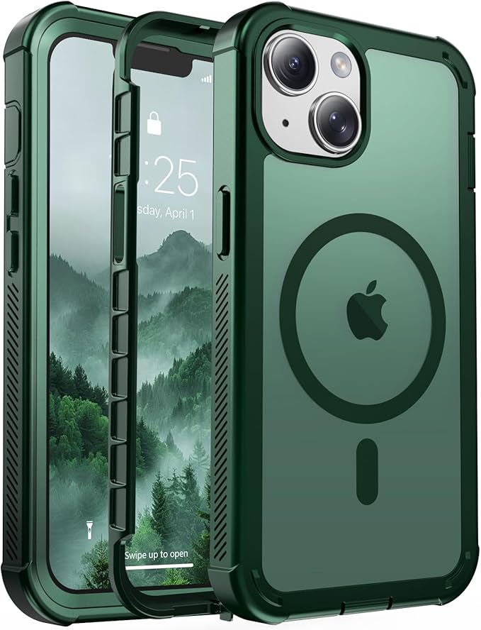 jaroco Magnetic for iPhone 14 Case, [Compatible with MagSafe][Military Grade Drop Protection][Heavy Duty Protection][Non-Slip][Shockproof] 2-Layer Durable Bumper Phone Case 6.1''-Forest Green