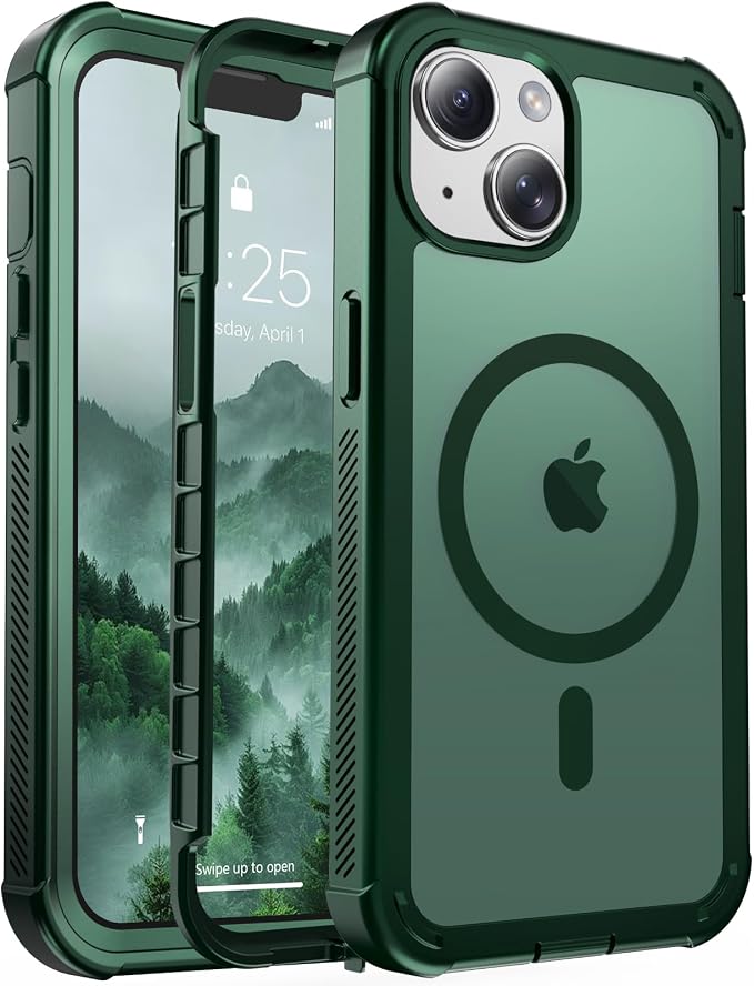 jaroco Magnetic for iPhone 13 Case, [Compatible with MagSafe][Military Grade Drop Protection][Heavy Duty Protection][Non-Slip][Shockproof] 2-Layer Durable Bumper Phone Case 6.1''-Forest Green