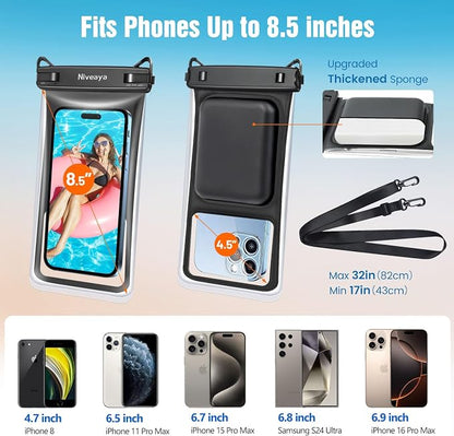 Niveaya Floating Waterproof Phone Pouch - 2 Pack Waterproof Dry Bag Case-Up to 8.5", Waterproof Phone Case with Adjustable Lanyard, Vacation Beach Swimming Pool Kayak Cruise Travel Essentials