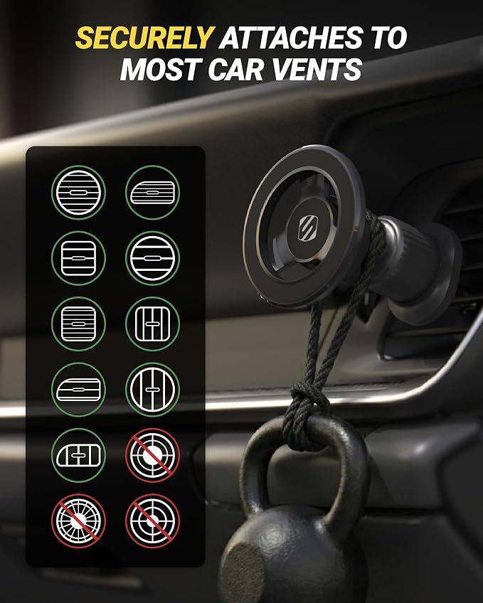 Scosche MagSafe Car Mount Vent, Magnetic Phone Holder for Car with Strong Magnets and Secure Twist-Lock Vent Clip, 360° Rotatable Car Phone Holder for iPhone 17 16 15 14 13 12, Includes Magnetic Ring