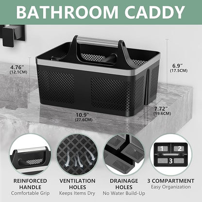 BYUNER Black Shower Caddy Portable: Plastic Bathroom Caddy Organizer with Handle and Holes, Cleaning Caddy, Hard Shower Basket Storage Tote for Toiletry, College Dorm Room Essentials for Men