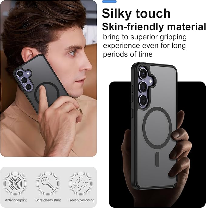 For Samsung Galaxy S24 Plus Case & S25 Plus Case [Compatible with Magsafe] Translucent Matte Magnetic Phone Case,Slim Thin Duty Shockproof with 2pc Screen Protector Protection Case for S24+/S25+,Black
