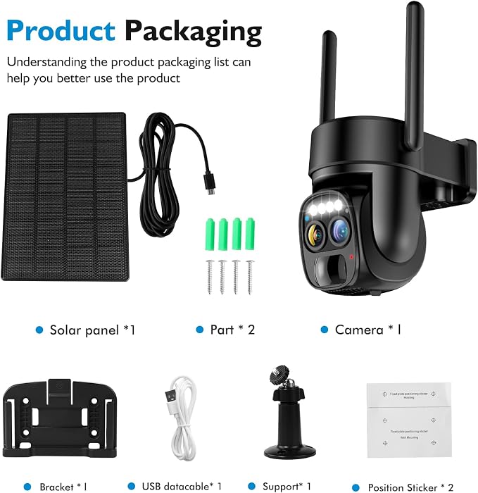 Hawkray Pannel Solar Wireless Outdoor Security Camera， Dual-Lens, 10xZoom, 2K Resolution 3MP 360°Pan/Tilt，2.4&5G WiFi Battery Powered Camera with Spotlight Alarm PIR Motion Detection