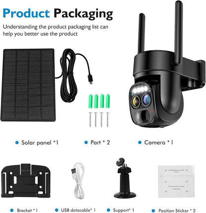 Hawkray Pannel Solar Wireless Outdoor Security Camera， Dual-Lens, 10xZoom, 2K Resolution 3MP 360°Pan/Tilt，2.4&5G WiFi Battery Powered Camera with Spotlight Alarm PIR Motion Detection