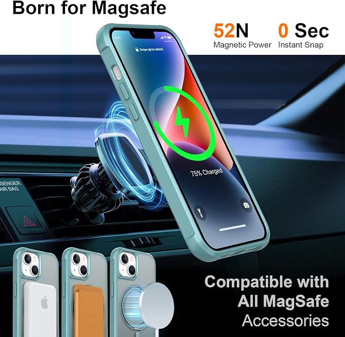 360° Magnetic Swivel Ring for iPhone 14 case, Built-in Metal Stand and Ring Holder, Magsafe Compatible, Military Grade Protection, Shock and Vibration Resistant-Lake Blue