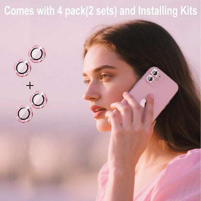 Compatible for iPhone 15/iPhone 15 Plus Camera Lens Protector Bling, Cute Sparkle Glitter Luxury Camera Cover for Women, Anti-Scratch, Easy Install, (2 Sets=4Pack), Pink