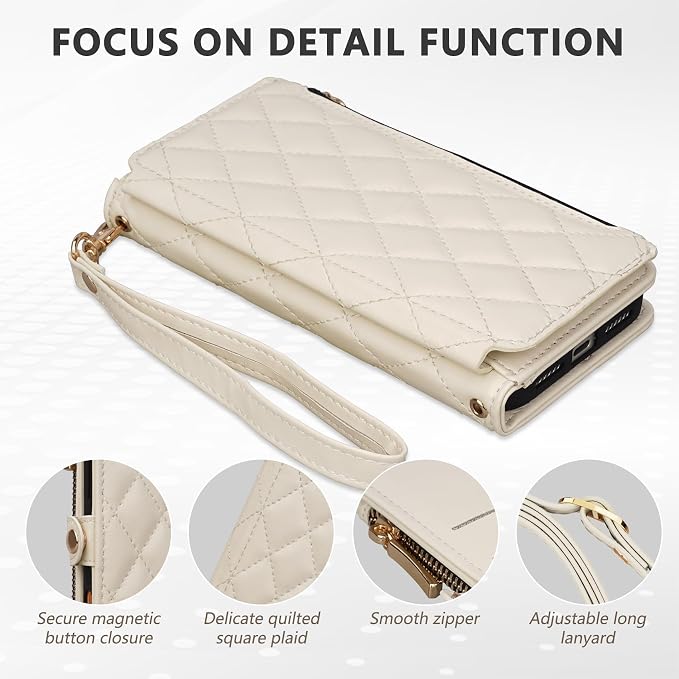Rssviss Crossbody Wallet Case for iPhone 17 Pro Max 6.9", with Make Up Mirror, Wrist Strap, Zipper Purse Magnetic Flip, RFID Blocking Card Holder Kickstand, PU Leather Shockproof Women, Beige