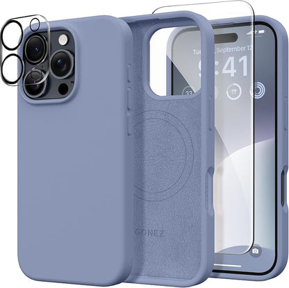 GONEZ Magnetic for iPhone 16 Pro Max Case, Compatible with MagSafe, Liquid Silicone Case, with Screen Protector + Camera Protector, Full Body Protective Shockproof Phone Cover 6.9", Lavender Gray