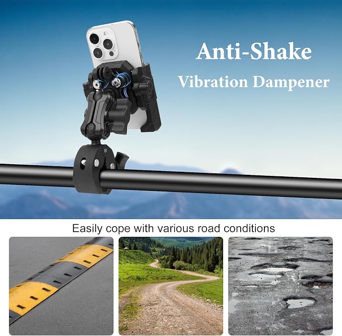 Universal Phone Mount for Bike/Motorcycle/Scooter/ATV, 720° Rotatable Anti-Shake Holder with One-Hand Quick Release &Secure Lock Knob, Fits 5.4-7.2” iPhone 16/15/14/13 Pro Max, 75026