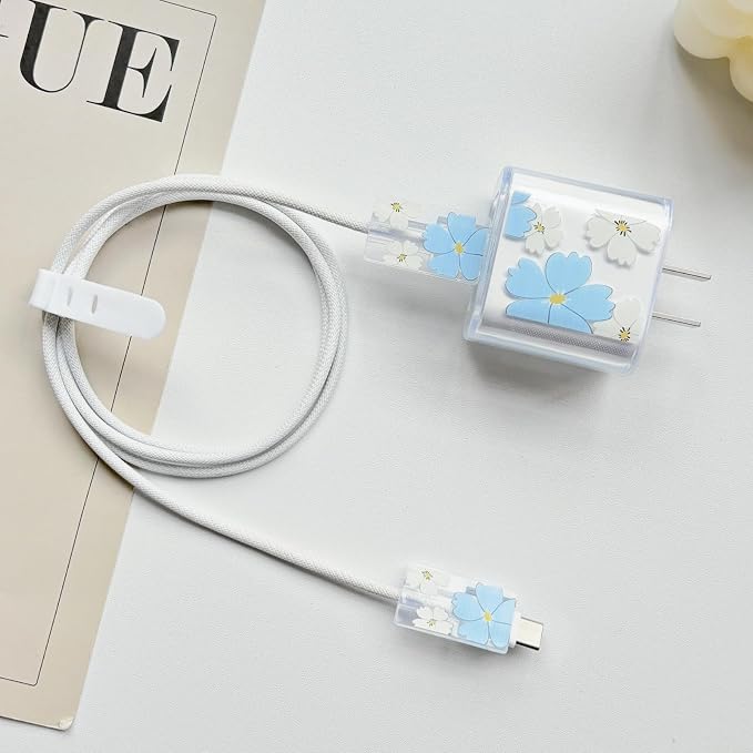 Lovmooful Compatible for iPhone 18W/20W USB-C Charger Cover Clear Lovely Flower Floral Design Soft Charger Protector Cute Cable Case Saver Protector for Girls Women-Big Blue Flower