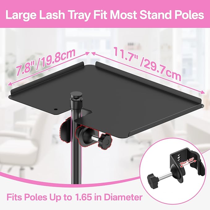 Adjustable Metal Lash Tray Holder for Ring Light & Lash Techs - Clip-On Organizer Tray with Phone Holder, Mirror Hook & Height Control for Eyelash Extensions Supplies (Salon/Home Use)