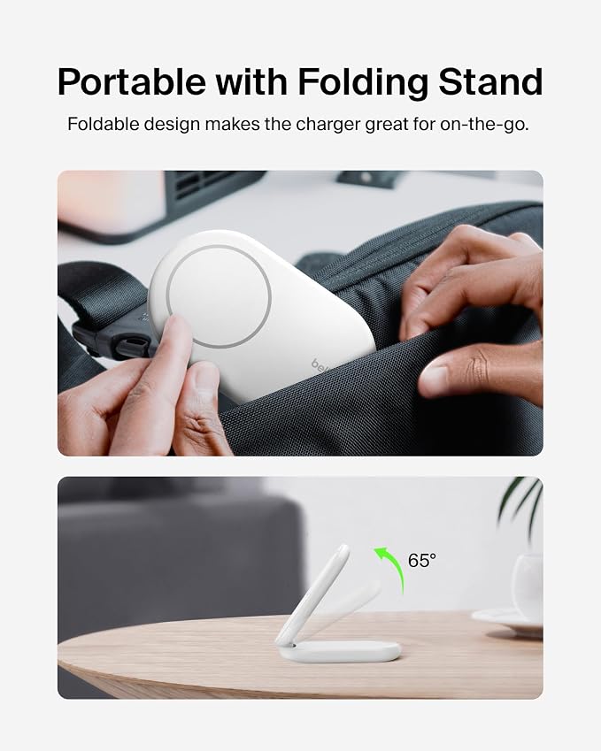 Belkin Magnetic Foldable Wireless Charging Stand 15W - MagSafe-Compatible Qi2-Certified Charger, Wireless Charging Stand for iPhone 16, Galaxy S25, & More - Standby Mode Ready w/PSU Included - White
