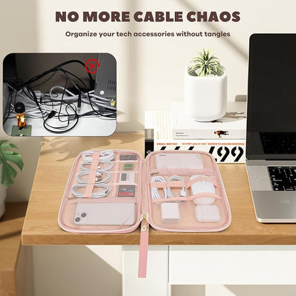 Electronics Organizer Travel Case, Charger Bag Cord Organizer Travel, Compact Tech Pouch Cable Organizer Bag for Charger, Cords, Phone, Headphones, Flash Drive, SD Card (Pink, Large-Single Layer)