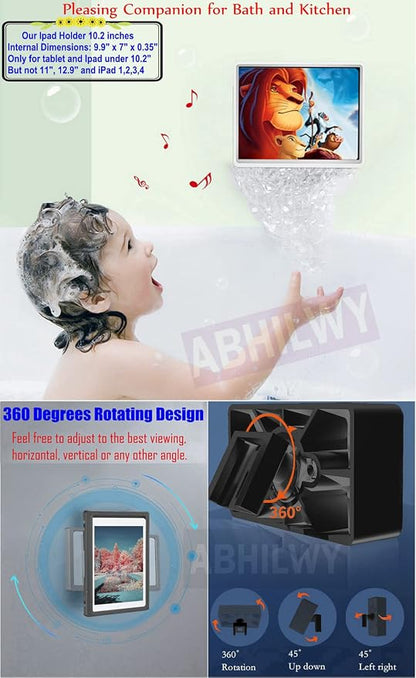 Shower Tablet Holder Waterproof Compatible with Ipad, Wall Mounted Bathroom Tablet Case 360° Rotation,Adhesive Touchable Cradle with Glass Anti-Fog Screen for Bathtub Kitchen Black R