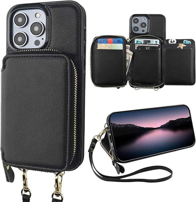 Bocasal RFID Blocking Wallet Pu Leather Flip Folio Case for iPhone 14 Pro Max, 6.7 Inch 5G Crossbody Zipper Purse Case, Card Holder With Kickstand & Detachable Wrist Strap (Black)
