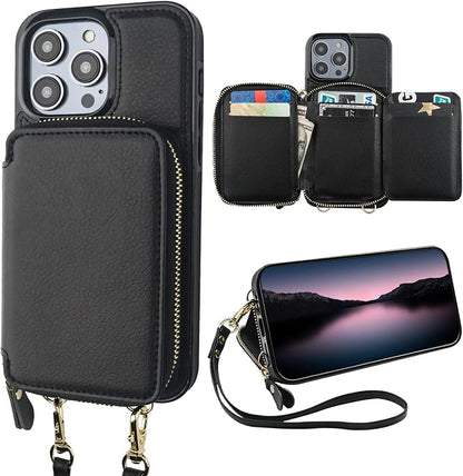 Bocasal RFID Blocking Wallet Pu Leather Flip Folio Case for iPhone 14 Pro Max, 6.7 Inch 5G Crossbody Zipper Purse Case, Card Holder With Kickstand & Detachable Wrist Strap (Black)