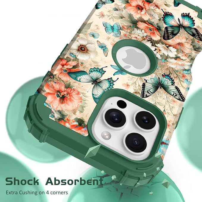 Hocase for iPhone 16 Pro Case 6.3", Heavy Duty Shockproof Protection Soft Silicone Rubber+Hard Plastic Bumpers Hybrid Protective Case for iPhone 16 Pro 2024 - Teal Green Butterflies