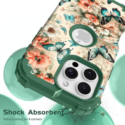 Hocase for iPhone 16 Pro Case 6.3", Heavy Duty Shockproof Protection Soft Silicone Rubber+Hard Plastic Bumpers Hybrid Protective Case for iPhone 16 Pro 2024 - Teal Green Butterflies