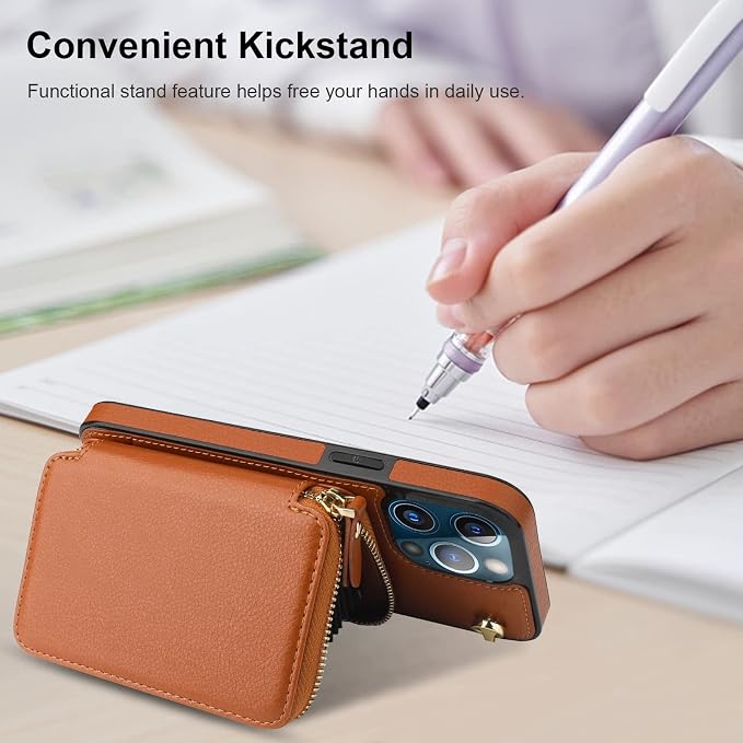 Bocasal Crossbody Wallet Case for iPhone 13 Pro Max, RFID Blocking Leather Purse Case with Card Holder, Protective Handbag Flip Cover with Zipper Wrist Strap Lanyard for Women 5G 6.7 Inch (Brown)