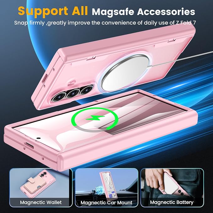Caka Magnetic for Samsung Galaxy Z Fold 7 Case with Hinge Protection Pink | Compatible with MagSafe, Built-in Outer Screen Protector, Hinge Guard, Translucent Matte Back, 360° Hybrid Drop Defense