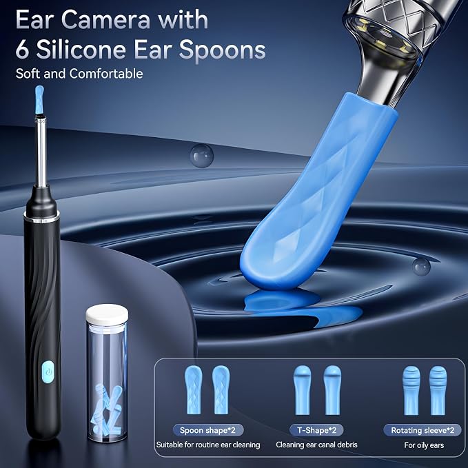 Ear Wax Removal Tool Camera, Ear Cleaner with Camera, Ear Wax Removal Kit, 1080P HD Ear Camera, Earwax Removal Kit with Camera and 6 LED Light, 6 Ear Pick & Ear Set for iOS & Android, Black